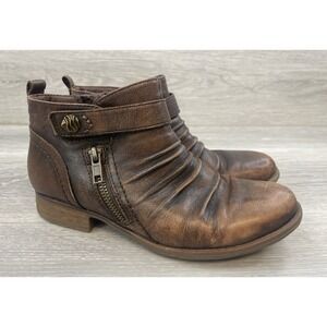 Earth Brook Women's Bootie Brown Leather Ruched 7 Zip Strap Casual Comfort Boots